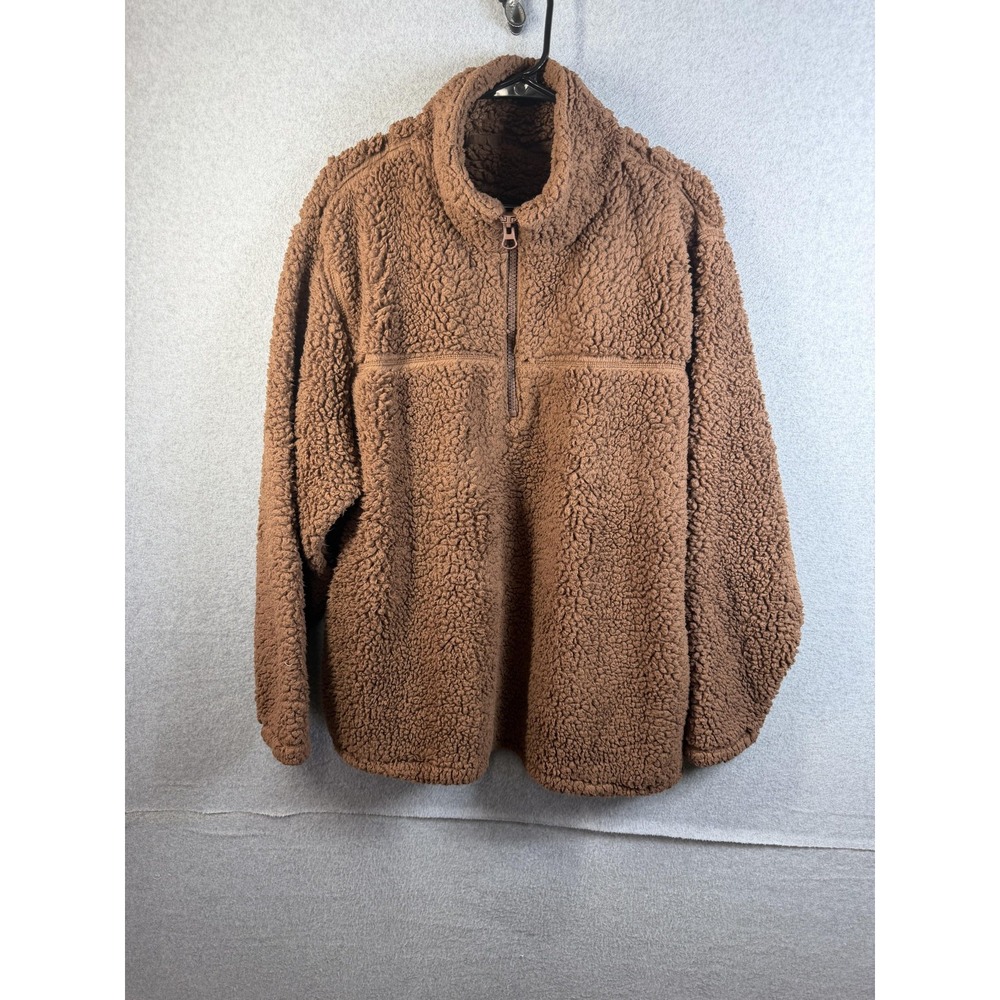 Zenana Outfitters Jacket Womens 2X Brown Sherpa Fleece Hooded 1/4 Zip Pullover